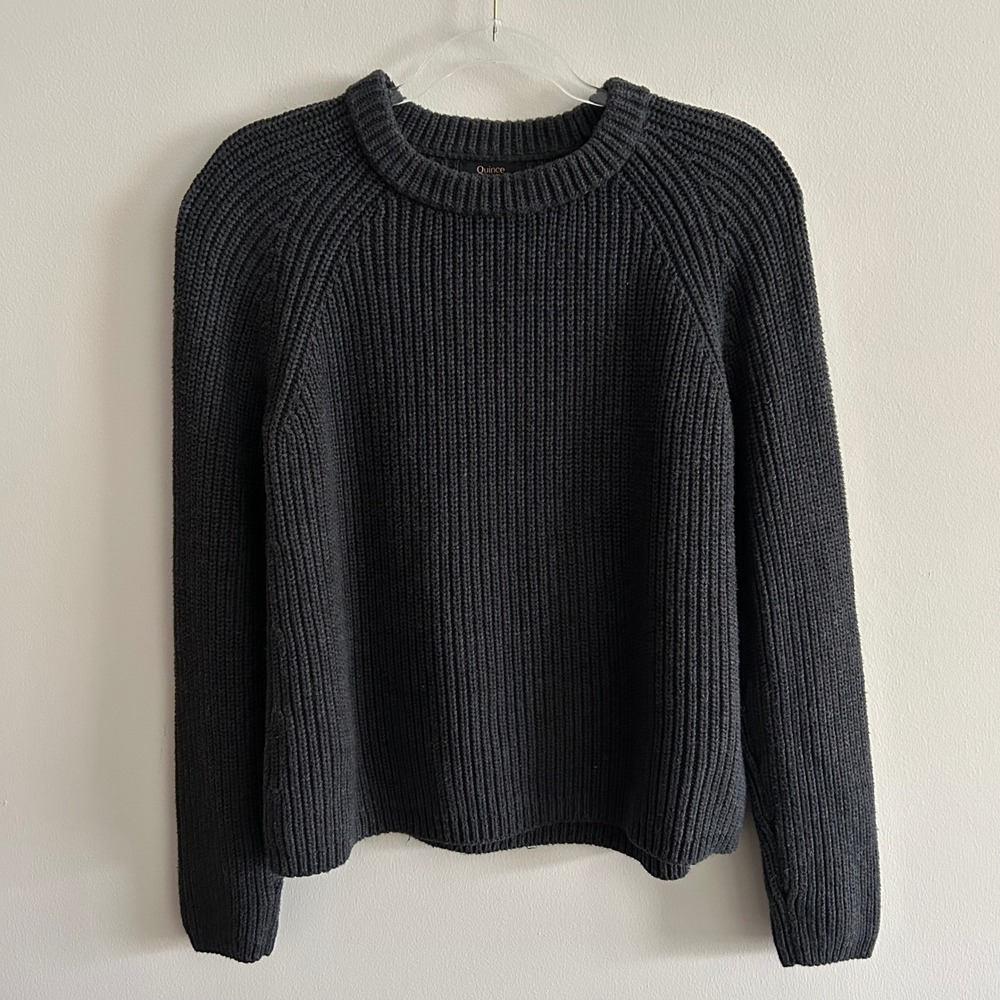 Quince Fisherman Crew Sweater Charcoal Grey Medium Organic Cotton Ribbed Knit